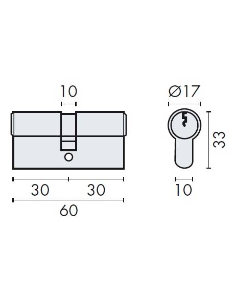 Cyl.euro.prémonté EXS 2000 2 entrées 30x30, nickelé mat sans clef