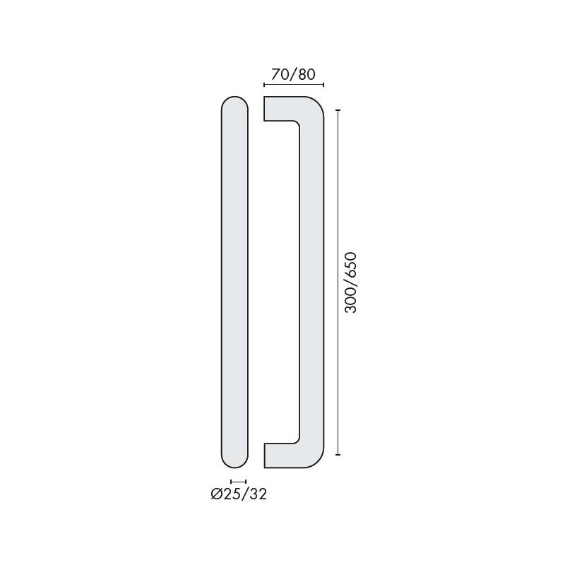 Poignée de tirage droite Ø 32 mm, filetée, entraxe 650 mm, inox brossé 316