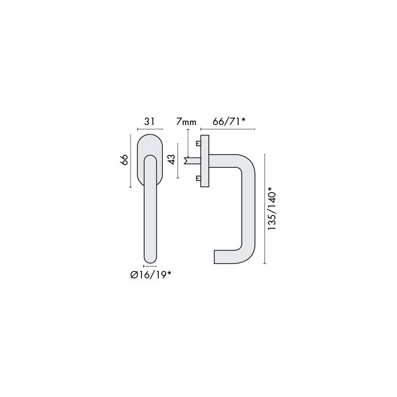 Béquille de fenêtre U19 mm modèle Project 04, . Inox brossé 304